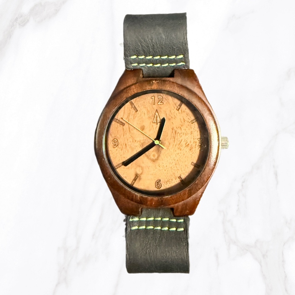 Treehut Men’s Brown Wood Watch | Genuine Leather w/ Neon Green Stitching‎